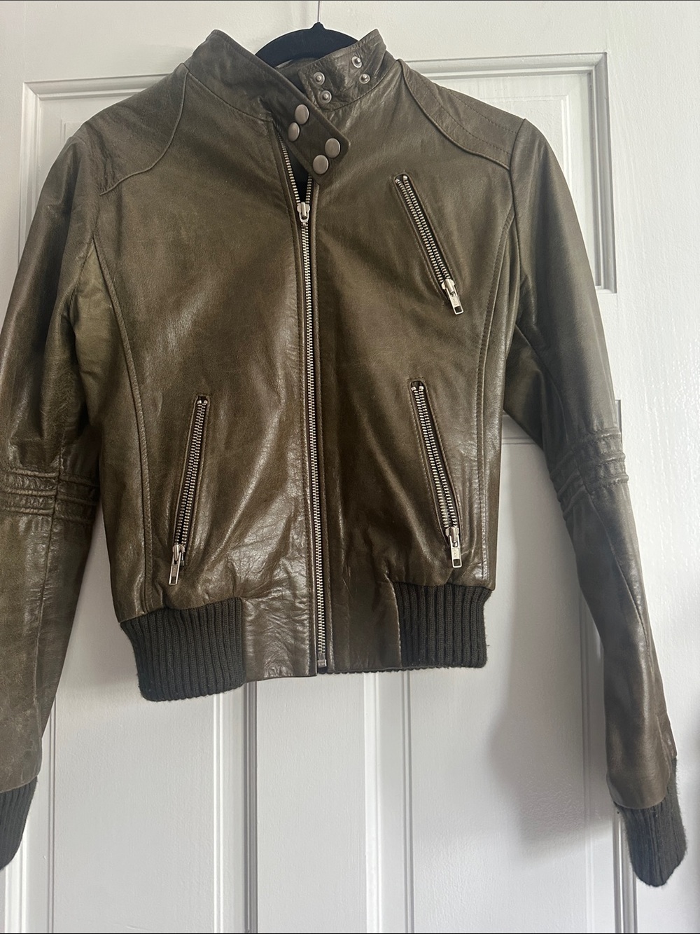 Olive Green Leather Bomber Jacket
